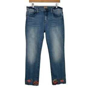 Driftwood Womens Jackie Crop Floral Embroidered Jeans Sz 32 Blue Raw Hem Cuffed